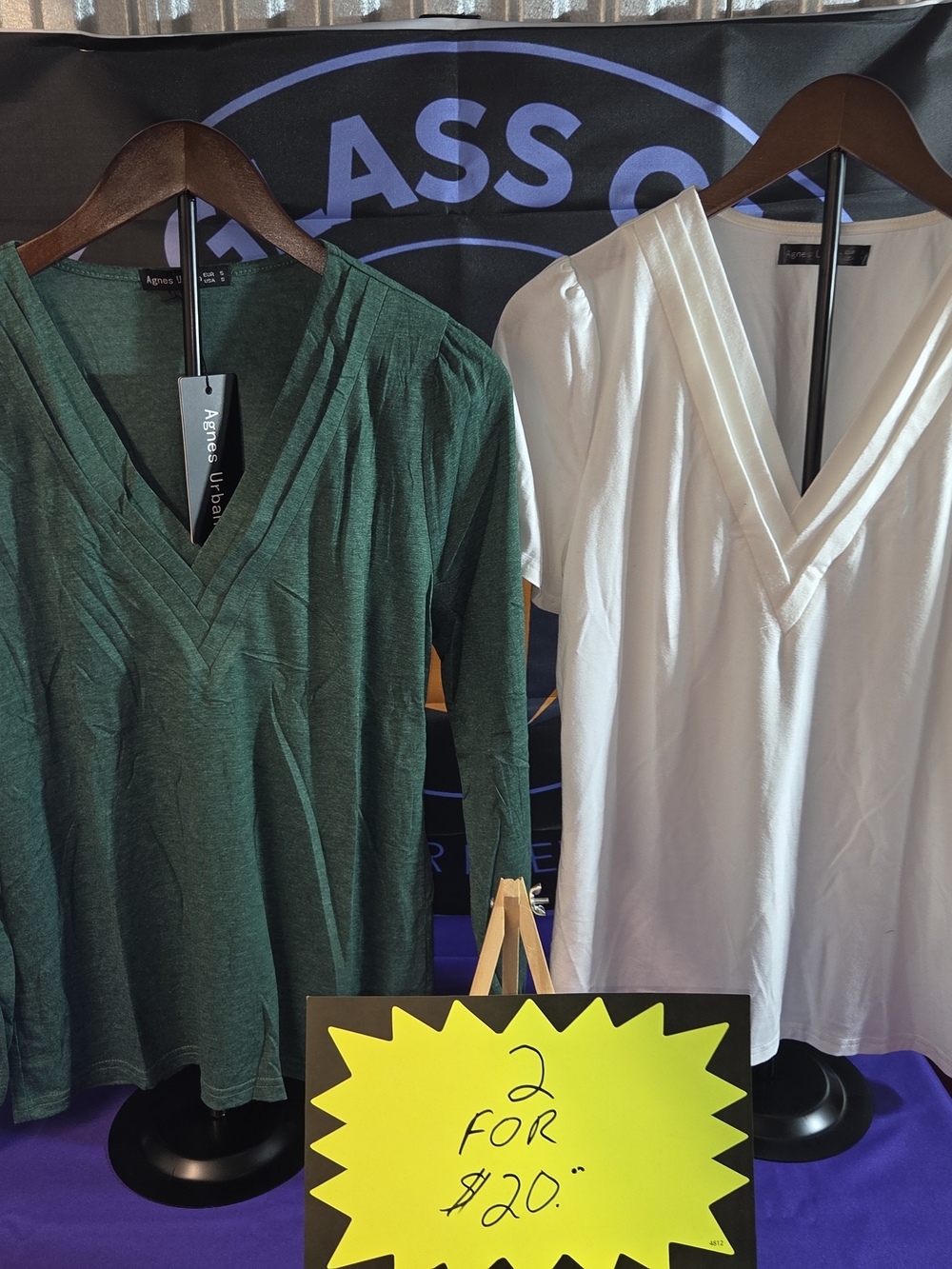 NWT SET OF 2 AGNES URBAN V-Neck Long Sleeve Top-GREEN and SHIRT SLEEVE TOP-WHITE